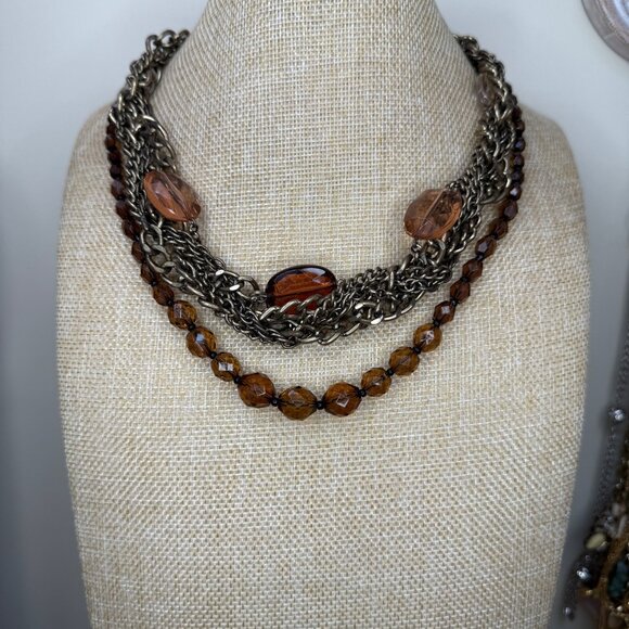 Multi-Strand Bronze Chain & Amber Beaded Statement Necklace By Talbots - Picture 5 of 9